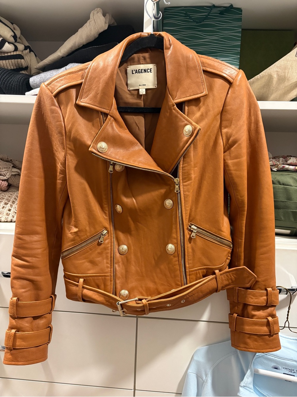 L'AGENCE Cognac Brown Double-Breasted Leather Moto Jacket